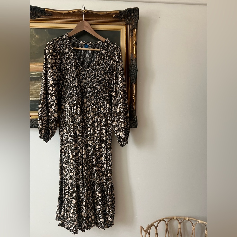 Black Floral Midi Dress with Cream Flowers